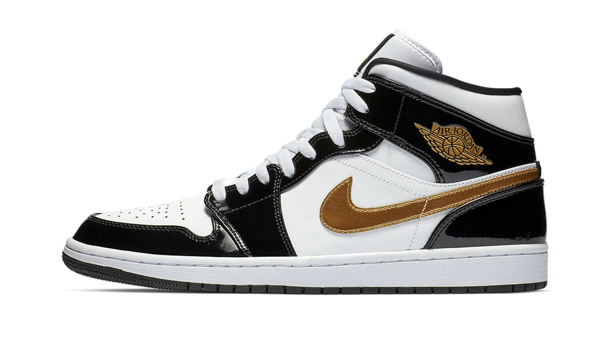Air Jordan 1 Mid SE "Black Gold Patent Leather" sneaker product image 1 | Foot Spikes