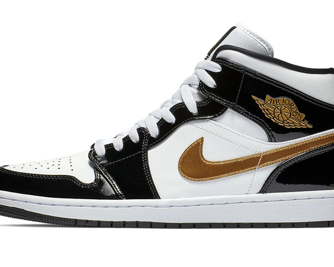 Air Jordan 1 Mid SE "Black Gold Patent Leather" sneaker product image 1 | Foot Spikes
